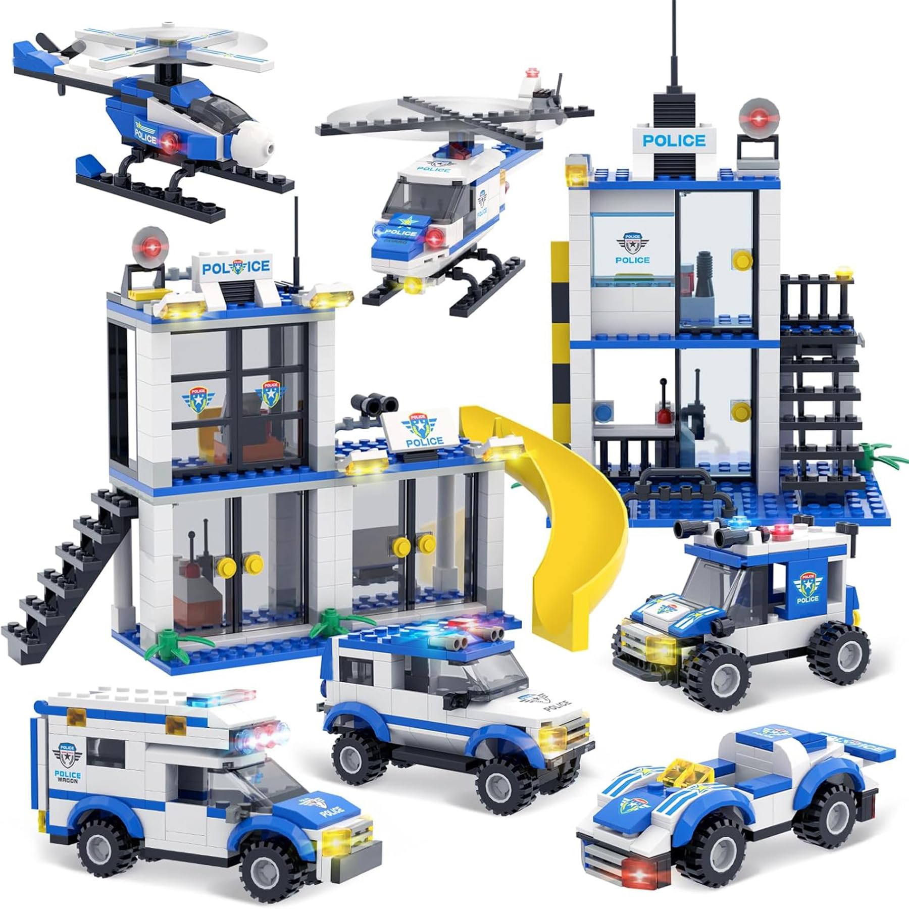 Two children playing with the assembled EP EXERCISE N PLAY City Police building blocks set, featuring a police station, police cars, and a helicopter.