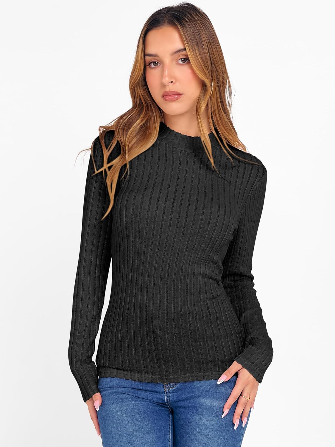 ANRABESS Women's Long Sleeve Tops Mock Neck Ribbed Knit Slim Fit Pleated Basic T Shirts Lightweight Sweater Going Out Clothes - Image 2