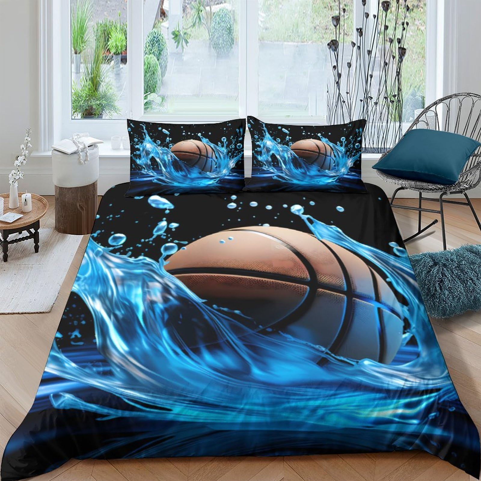 GPLZQXKJNH 3D Printed Basketball Splash Duvet Cover Set Microfiber Soft Breathable Sports Theme Bedding Set with 2 Pillowcases for Bedroom Decor Single（135x200cm）