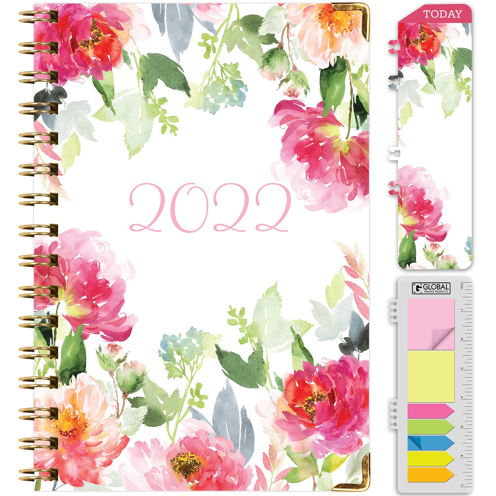 Global Printed Products HARDCOVER 2022 Planner: (November 2021 Through December 2022) 5.5"x8" Daily Weekly Monthly Planner Yearly Agenda. Bookmark, Pocket Folder and Sticky Note Set (Elegant Floral)