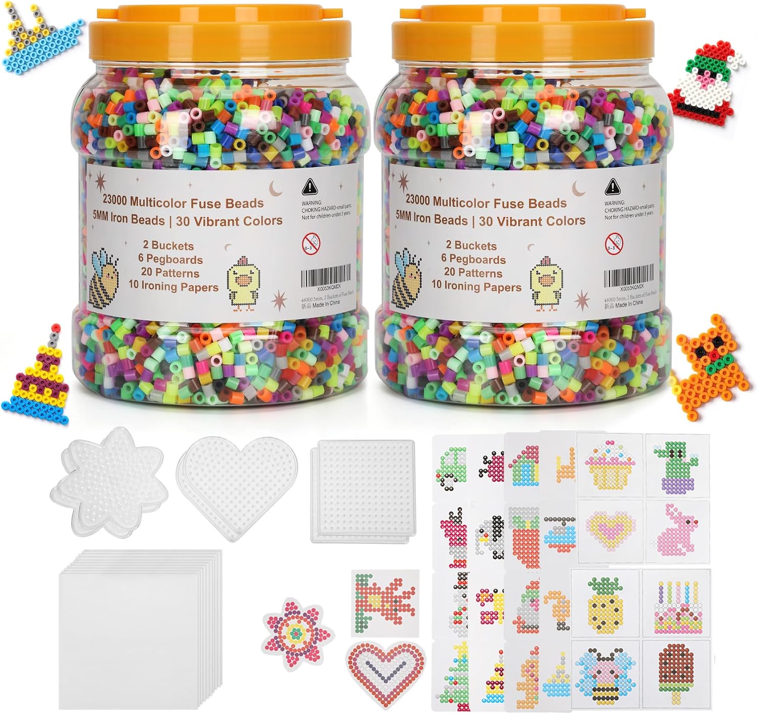 2 Buckets of Fuse Beads, 30 Colours, 46,000 5 mm Fuse Beads Bulk, 27 Paper Patterns, 10 Ironing Paper, 6 Pegboards, DIY Birthday Decorations, Handmade Gifts and Wall Decorations, Refill Pack