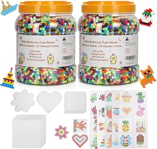 2 Buckets of Fuse Beads, 30 Colours, 46,000 5 mm Fuse Beads Bulk, 27 Paper Patterns, 10 Ironing Paper, 6 Pegboards, DIY Birthday Decorations, Handmade Gifts and Wall Decorations, Refill Pack