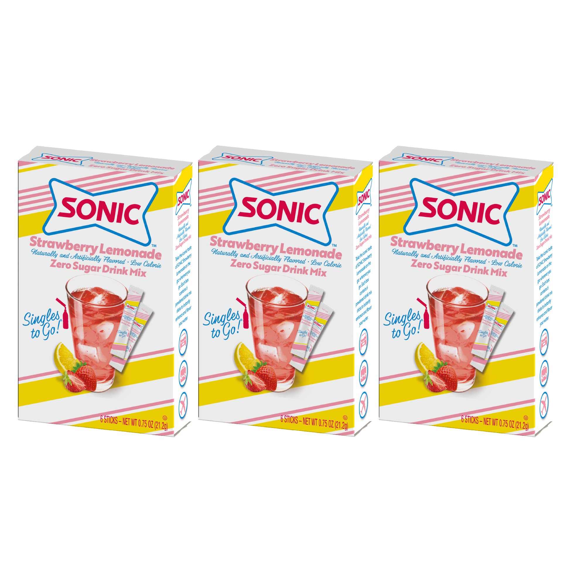 SINGLES TO GO! Sonic Sonic Go Powdered Drink Mix, Strawberry Lemonade, 6 Sticks per Box, (Pack of 3)