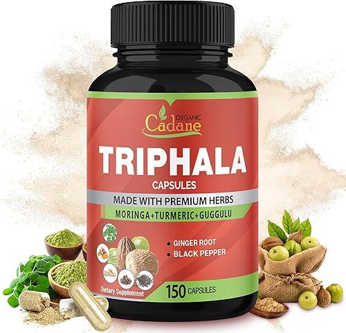 Organic Cadane Cápsulas de extracto de Triphala, suministro de 5 meses con cúrcuma, guggulu, jengibre, pimienta negra, moringa - Apoya la digestión