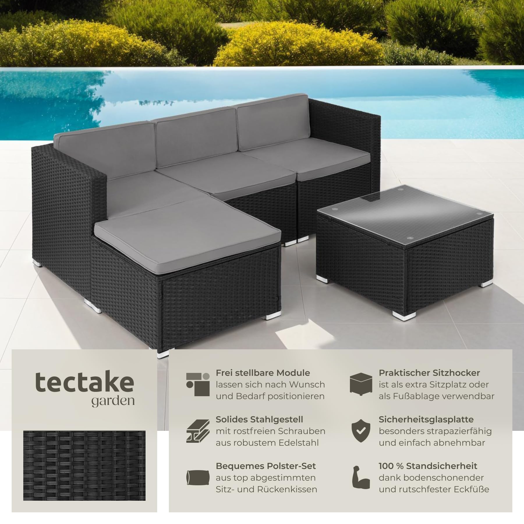 tectake® Poly Rattan Lounge, Outdoor Sitzgruppe, Set mit Sofa Sessel, Hocker, Tisch, frei kombinierbar, Sitzecke für 3-4 Personen, Möbel wetterfest für Garten Terrasse Balkon - schwarz