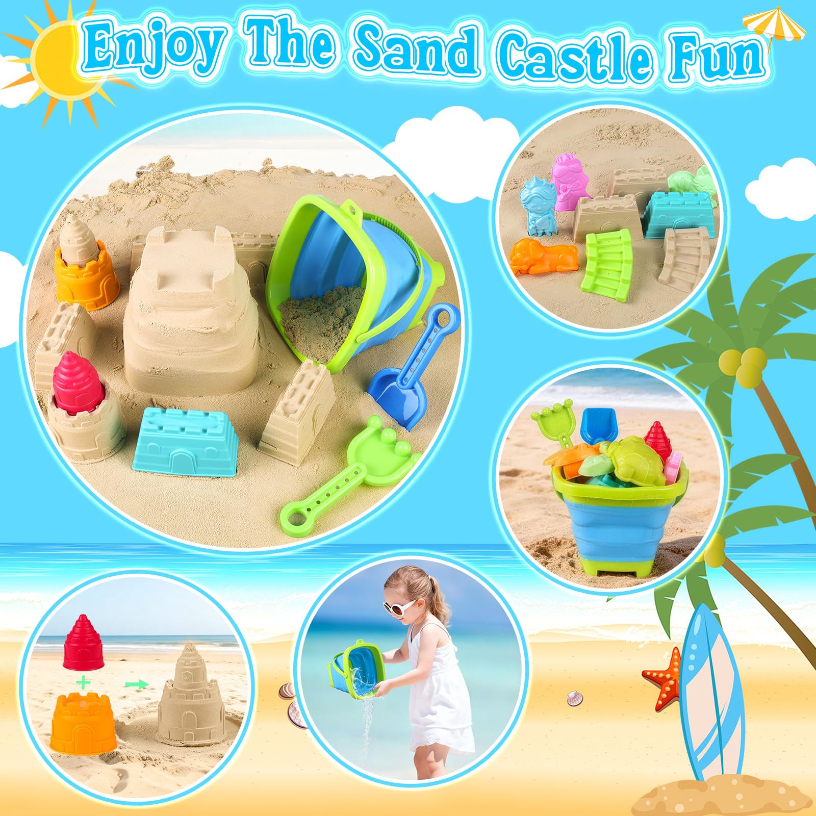 Juguetes de playa plegables para niños pequeños, cubeta de arena plegable y palas con bolsa de malla y kit de construcción de castillo de arena, juguetes de arena de viaje para artículos esenciales de
