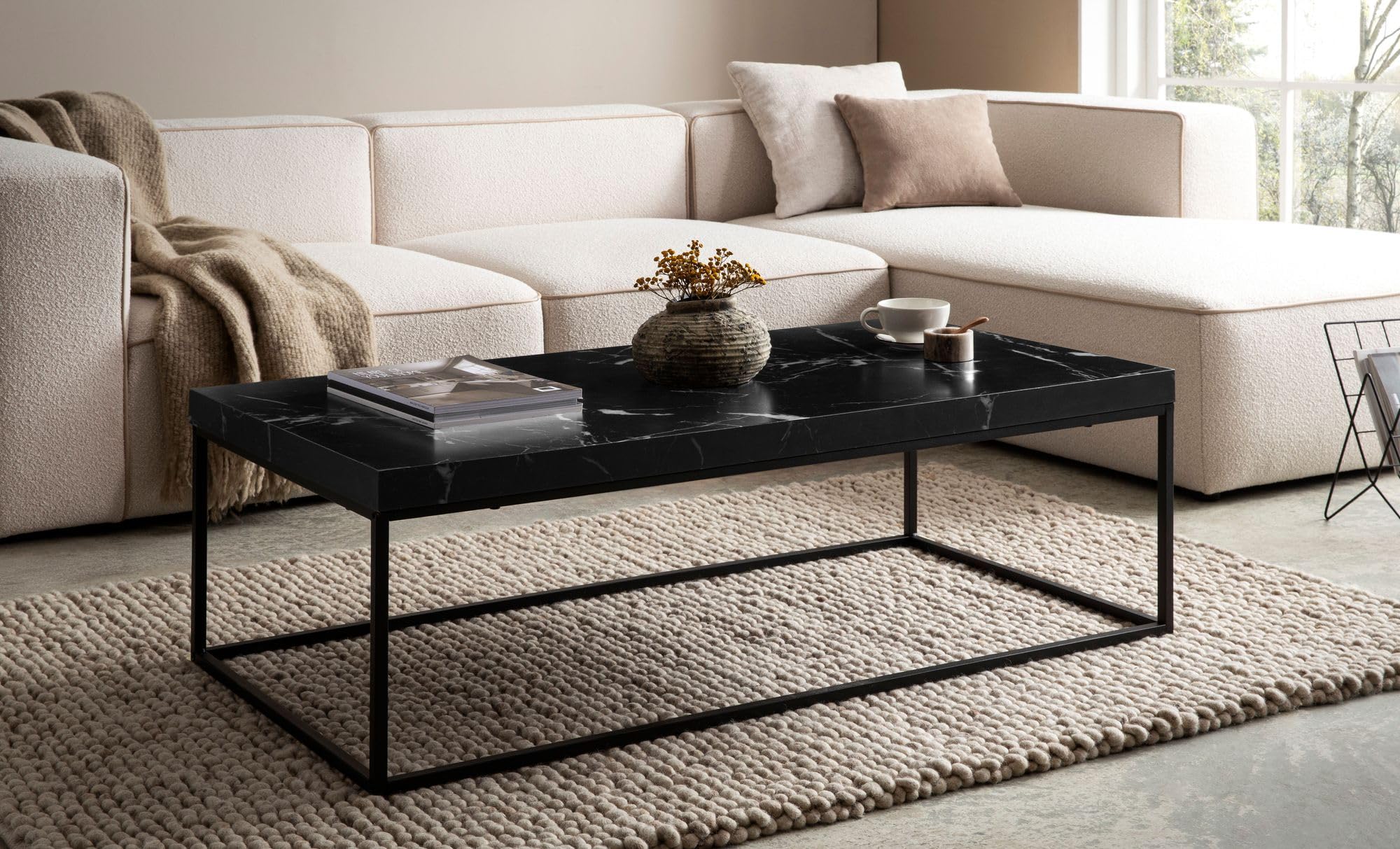 FineBuy Couchtisch 120x60x38 cm Schwarz Metallbeine, Sofatisch Rechteckig | großer Wohnzimmertisch mit Platz für Fernbedienung und Zeitschriften, Loungetisch, pflegeleichte Tischplatte