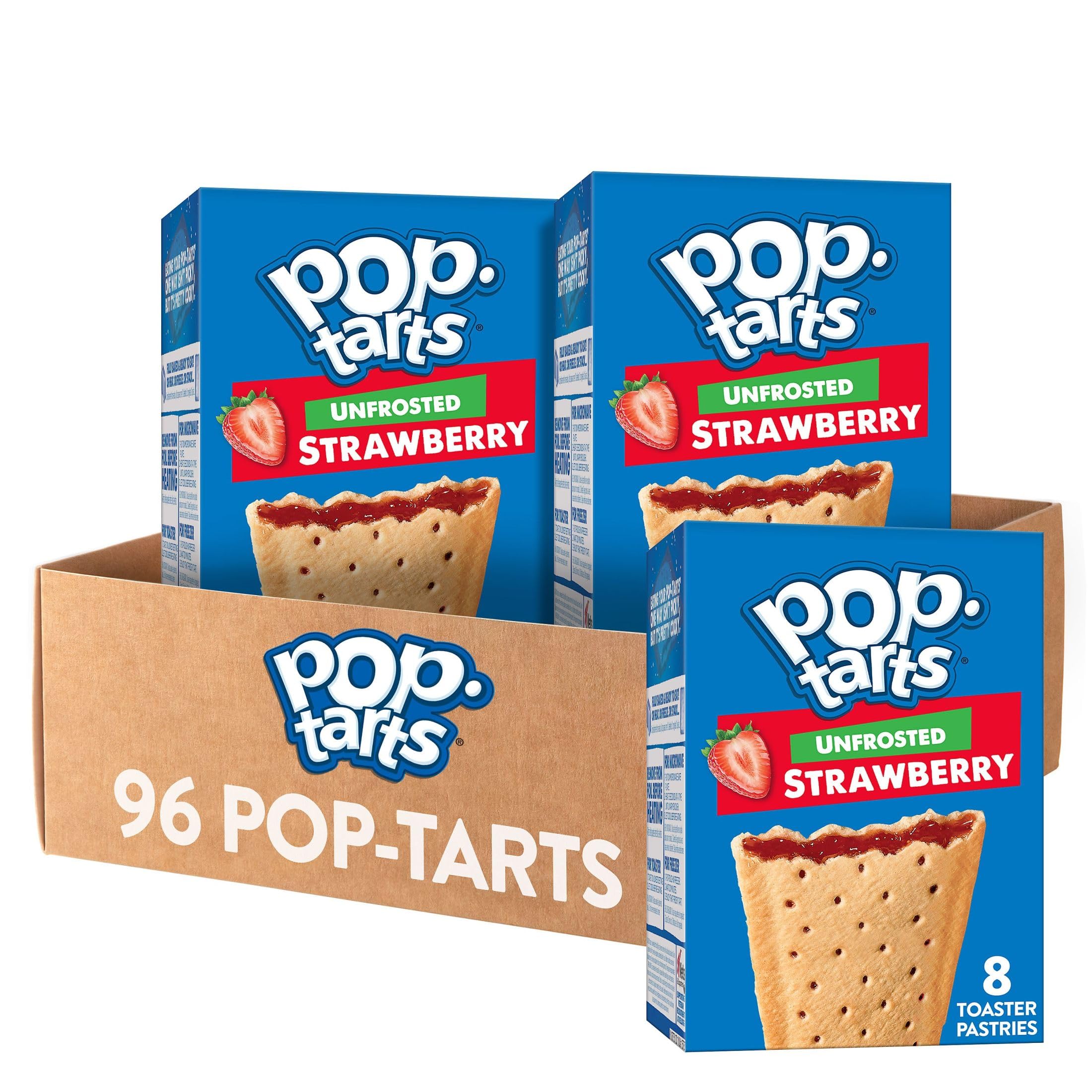 Pop-Tarts Toaster Pastries, Breakfast Food and Kids Snacks, Unfrosted Strawberry, 10.15lb Case (96 Count)