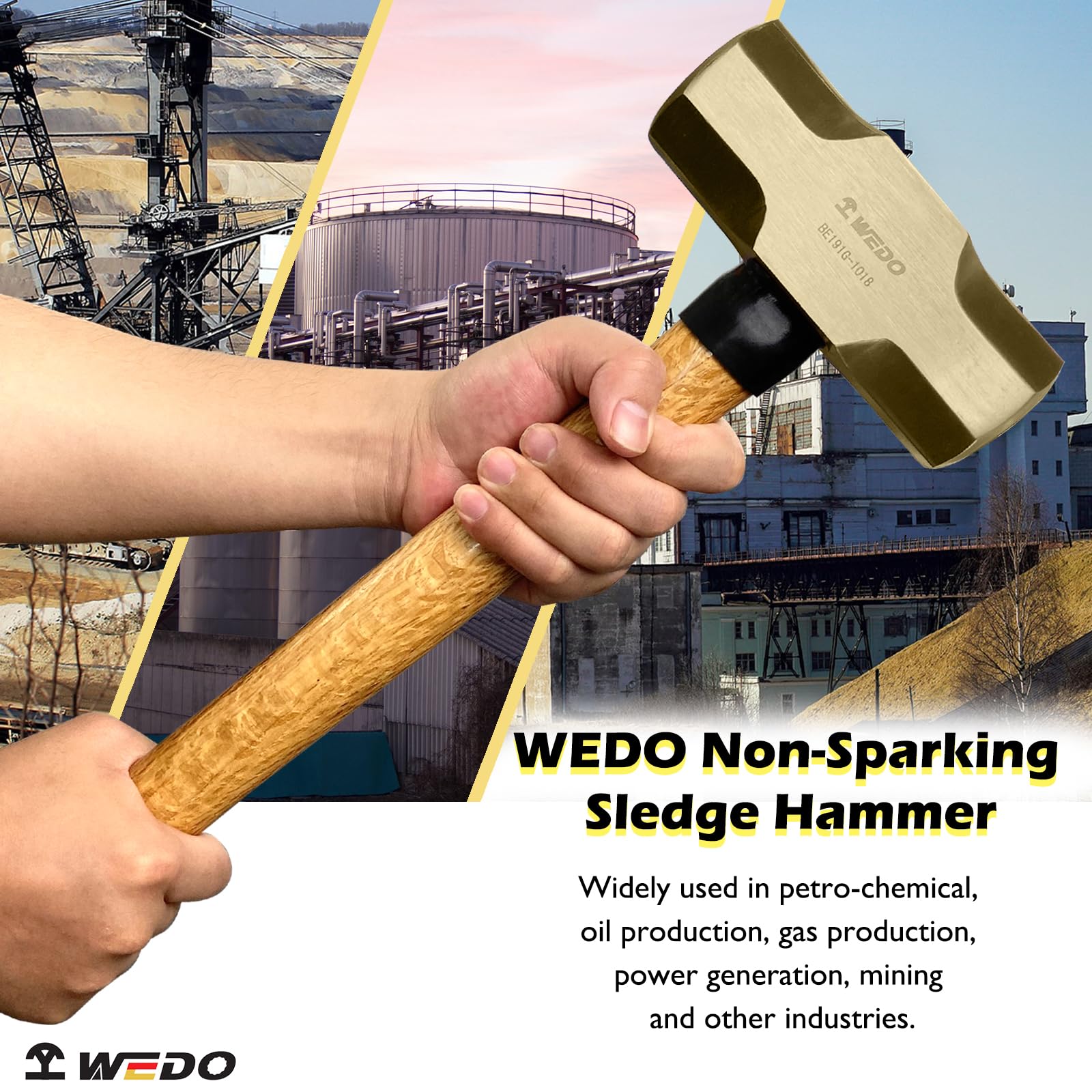 WEDO Młotek kowalski bez parkowania z drewnianym uchwytem, bezpieczny młotek rozbiórkowy bez iskier, brąz aluminiowy, standard DIN, certyfikat BAM i FM, główka 3 kg, długość 70 cm