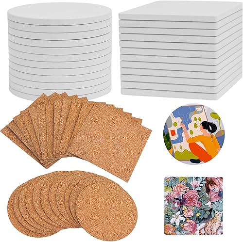 COYMOS 24 azulejos de cerámica para manualidades, posavasos de cerámica blanca para manualidades, azulejos de cerámica sin esmaltar en blanco de 4 x