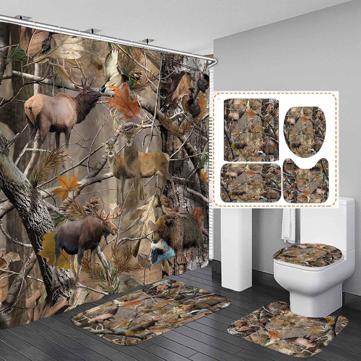 4PCS/Set Camo Deer Shower Curtain, Elk Moose Bear Mallard Duck Turkey Animal Hunting Fishing Woodland Lodge Rustic Cabin Bathroom Decor, Non-slip Bath Rugs Toilet Mats, Gifts for Men, Wildlife