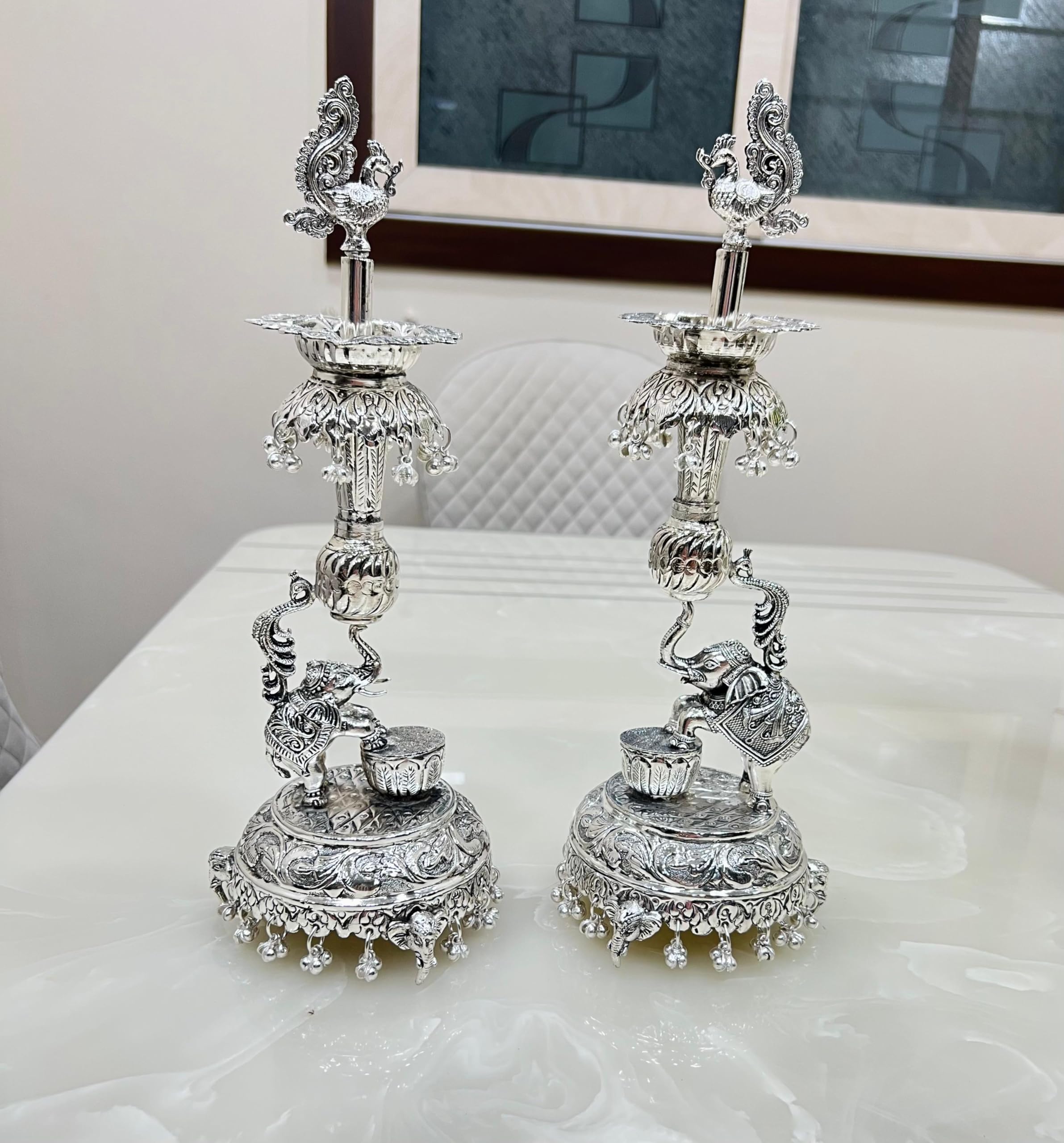 German Silver Peacock Samai Pair (Diya Stand) with Elephant Base & Plate for Decoration & Gifts - Pack of 2 (Size - 16 x 6 Inch Each) | Silver Color-image-16