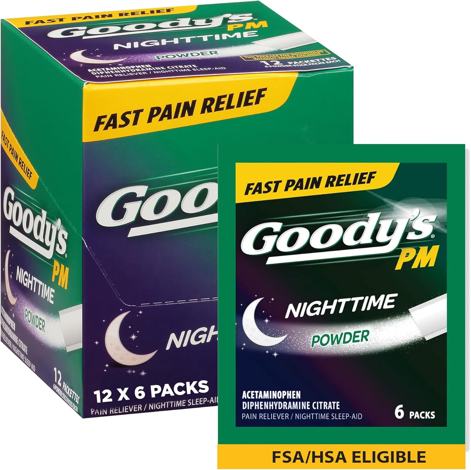 Goody's Nighttime Powder, Pain Reliever & Sleep Aid with Acetaminophen & Diphenhydramine Citrate, Caffeine Free, 6 Count, Pack of 12