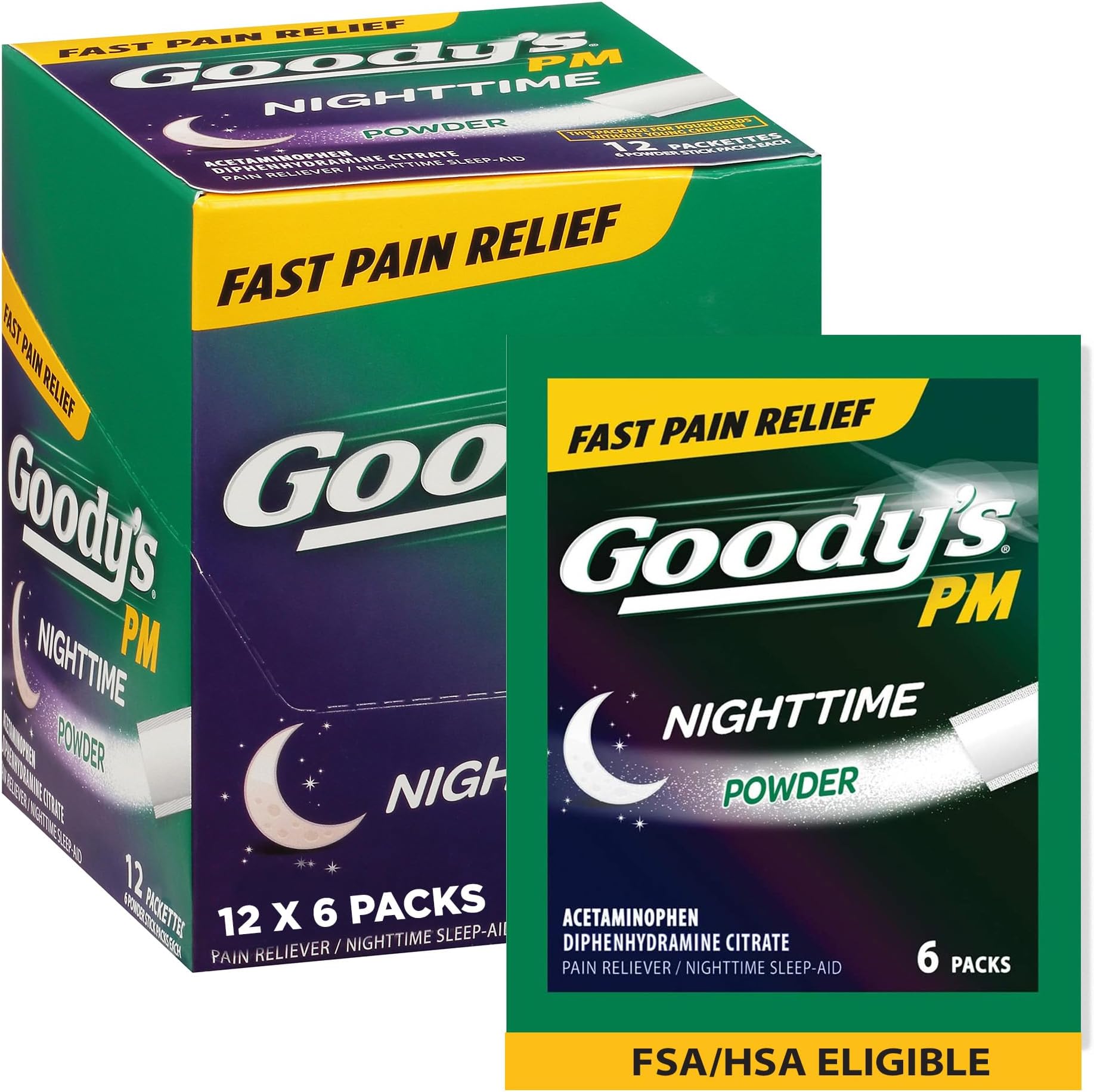 Goody's PM Nighttime Powder, Dissolve Packs for Pain with Sleeplessness, 6 Individual Packets, 12 Pack