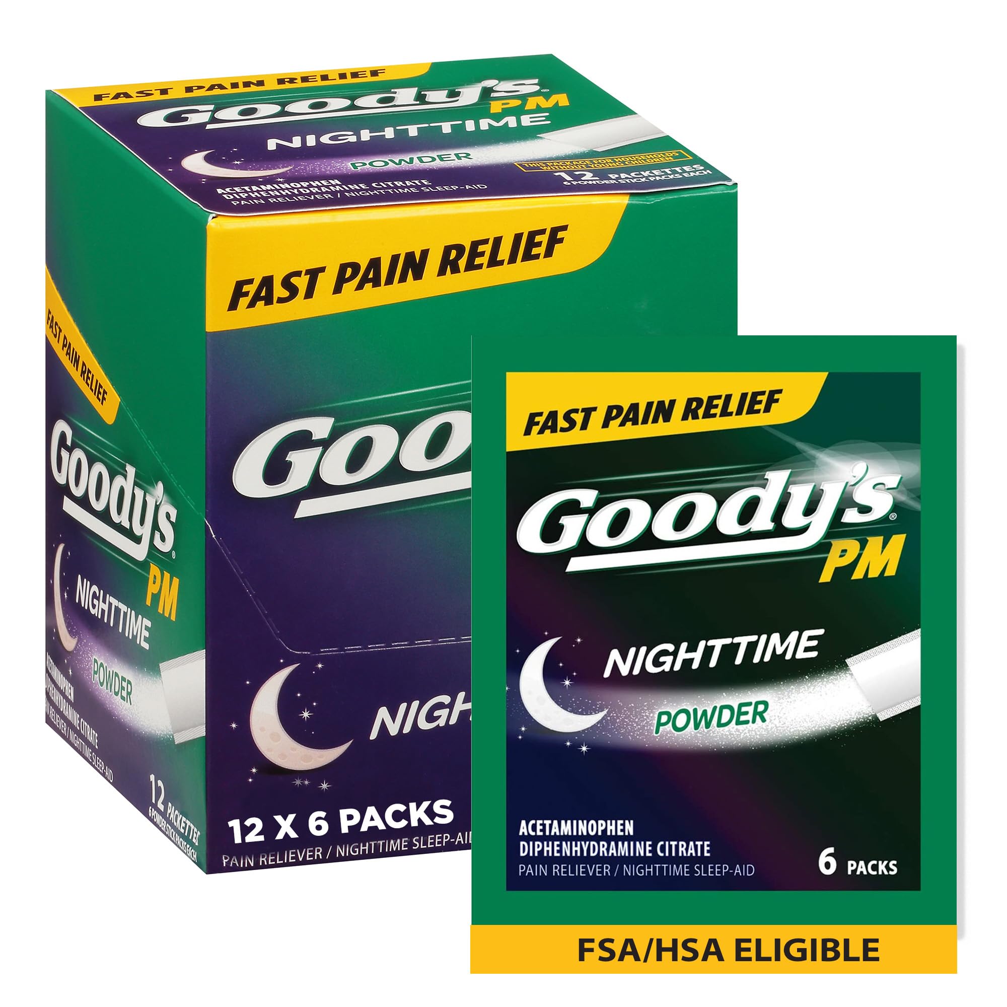 Goody's PM Nighttime Powder, Dissolve Packs for Pain with Sleeplessness, 6 Individual Packets, 12 Pack