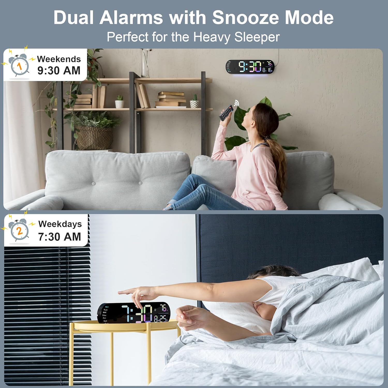 Digital Wall Clock with 13.7-Inch Display, Wall Clock with 9-Color Backlight, Remote Control, Dual Alarms, DST Mode, and Indoor Temperature, Modern Digital Clock