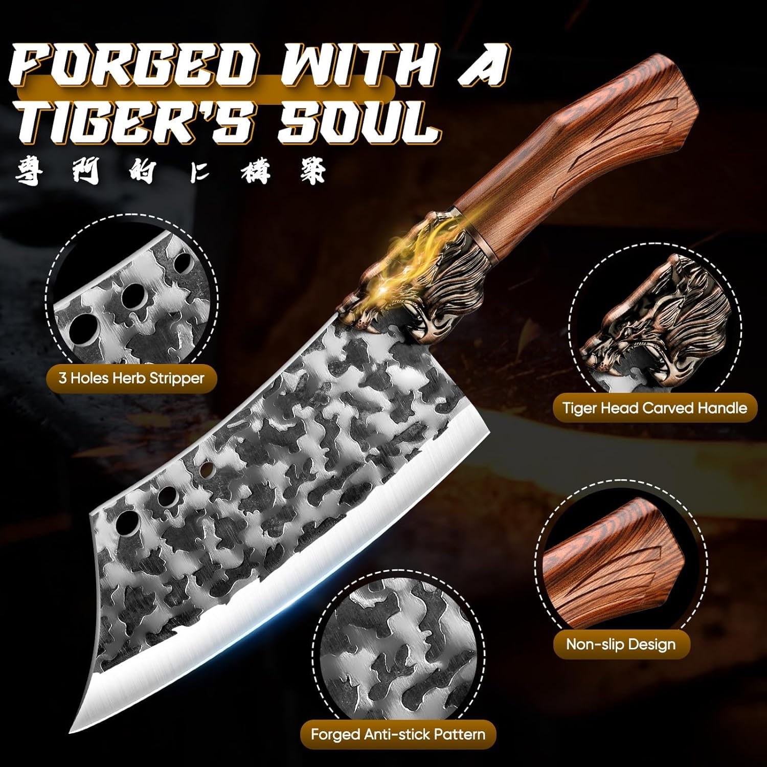 Purple Dragon Butcher Knife Set Tiger-Head, 8 PCS Japanese Chef Knife Set with Roll Bag, Meat Cleaver Boning Viking Knives, Sharp Kitchen Knives for Home, Outdoor, Camping BBQ Christmas Gift for Men - Image 6