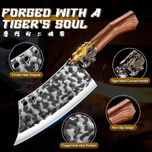 Miniatura 6 de Purple Dragon Juego de cuchillos de carnicero con cabeza de tigre, juego de 8 cuchillos de chef japoneses con bolsa de rollo, cuchillos vikingos