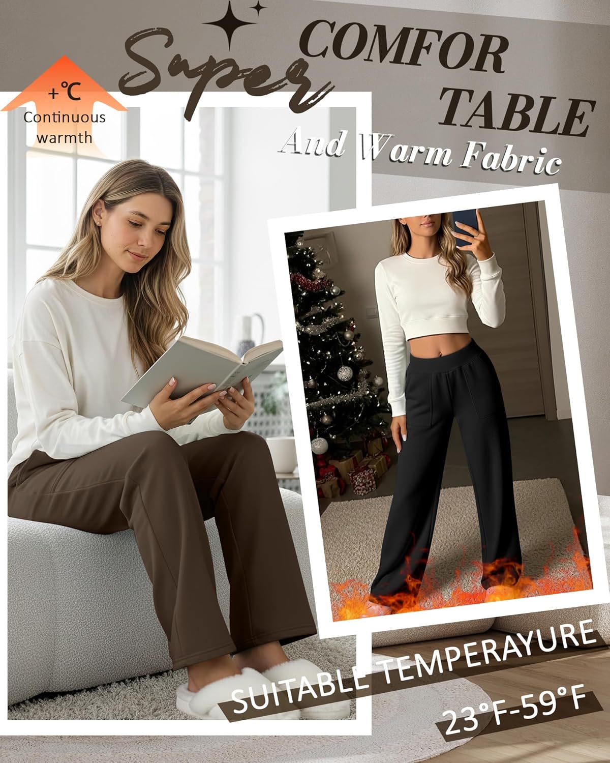 3 Pack Women's Wide Leg Baggy Sweatpants Fleece Elastic Lounge Pants with Pockets Casual Loose Yoga Jogger Pants - Image 2