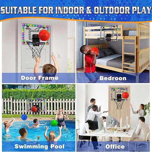 Miniatura 7 de Mini aro de baloncesto para interiores con anotador y baterías, aro de baloncesto para interiores sobre la puerta con iluminación LED colorida,