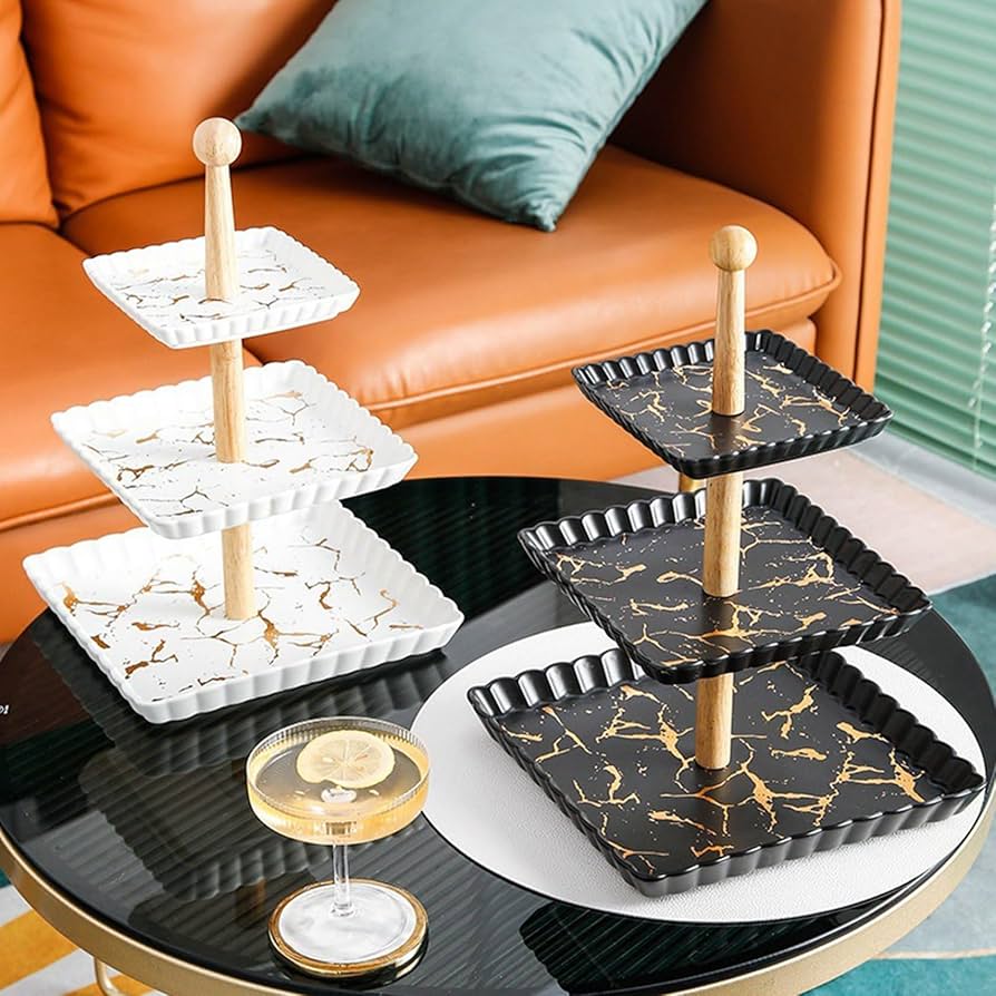 Amazon｜フルーツスタンド 大理石模様 3段 長方形 ケーキスタンド