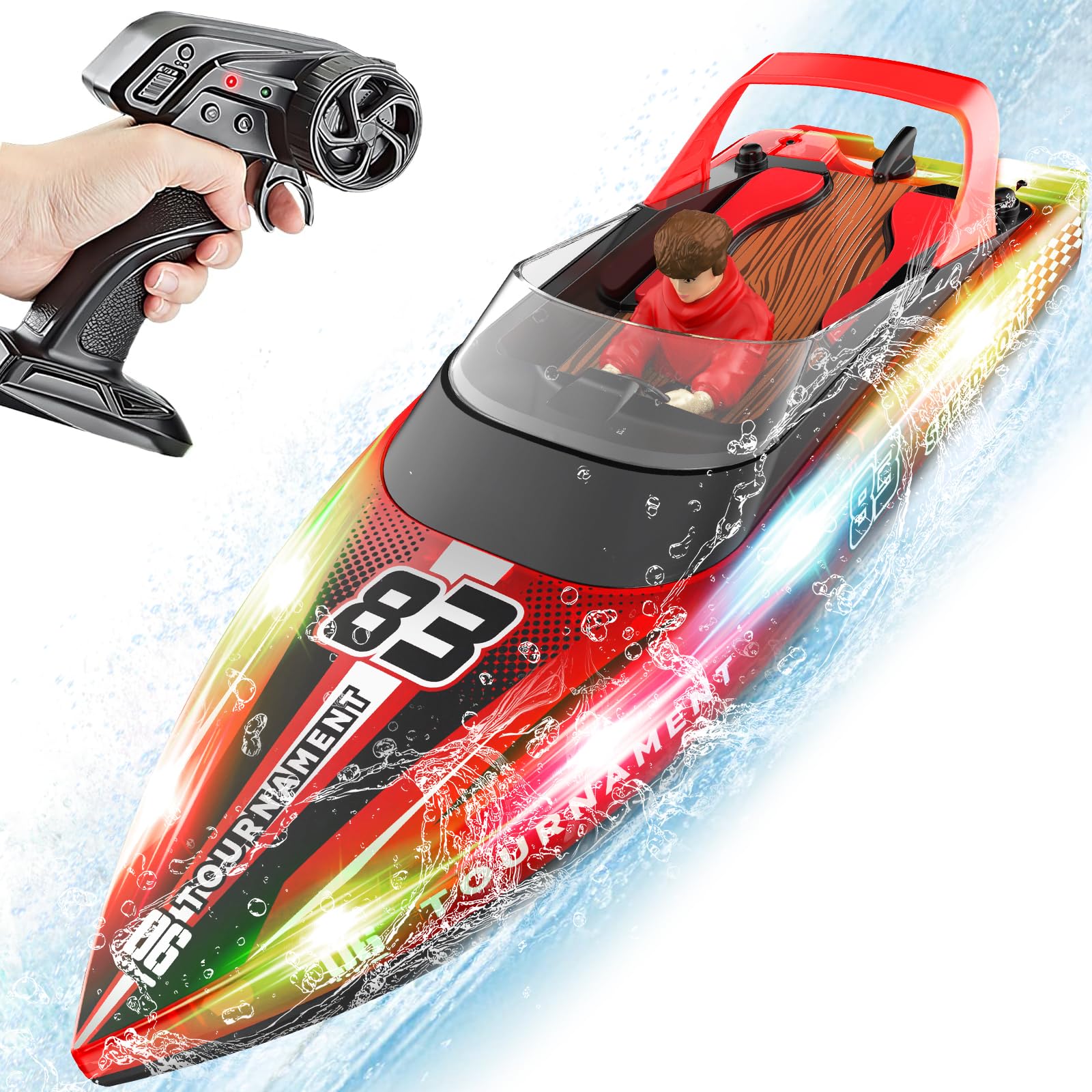 RC Boat with LED Lights, 40+ Mins, Self-Righting Waterproof Remote Control Boat for Pools, Lakes, Bathtubs, Summer Water Toys for Kids, Radio Controlled Watercraft (Red)