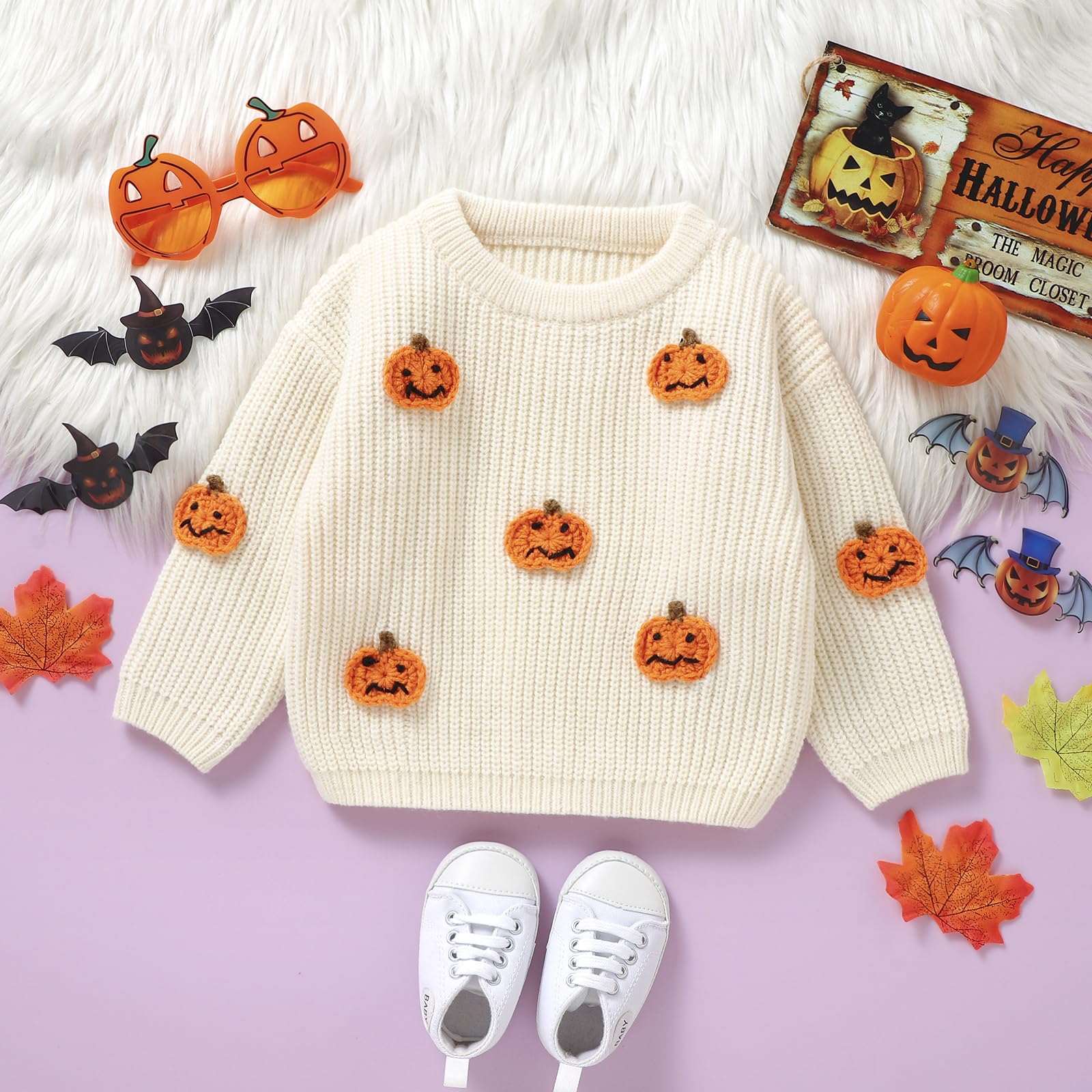 Jersey unisex de Halloween para bebé, manga larga, cuello redondo, calabaza, letra, bordado, jersey de punto para bebé, Halloween, fantasma, calabaza