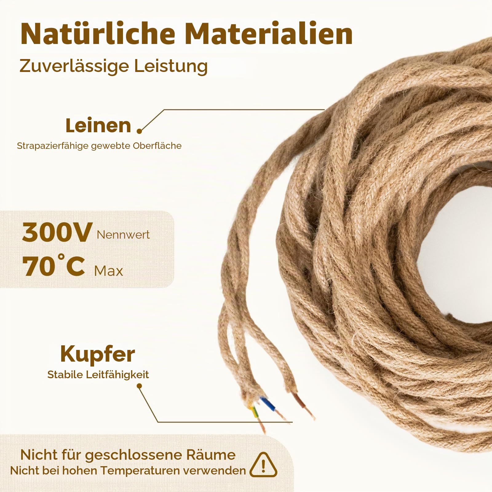 DiCUNO Textilkabel, Leinenoptik 20M, 3-adrig, Vintage, DIY, 1er Pack