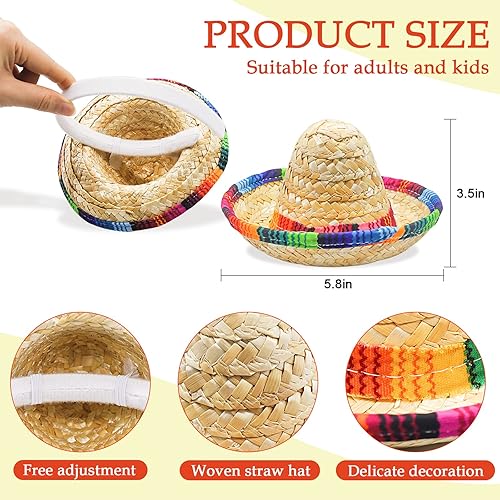 Miniatura 5 de LEBERY 3 sombreros mexicanos, sombreros de fiesta de Cinco de Mayo, sombrero de tela para fiestas, diademas de paja para niños, mascotas, adultos,
