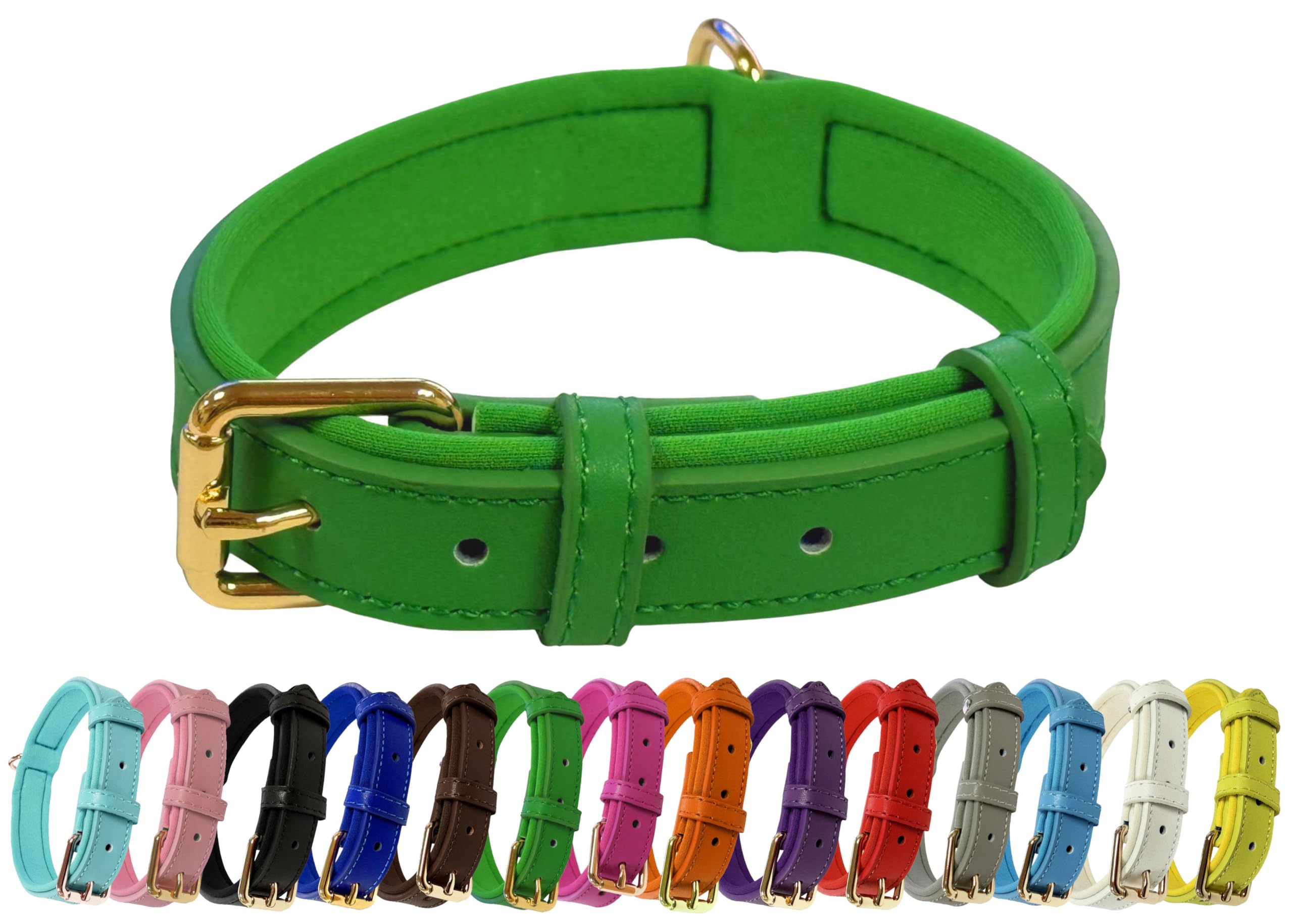 Vibrant Genuine Leather Adjustable Dog Collar with Soft Neoprene Padding, Metal Buckle and D-Ring, For Small, Medium & Large Dogs (Green, Small (25-33cm Neck))