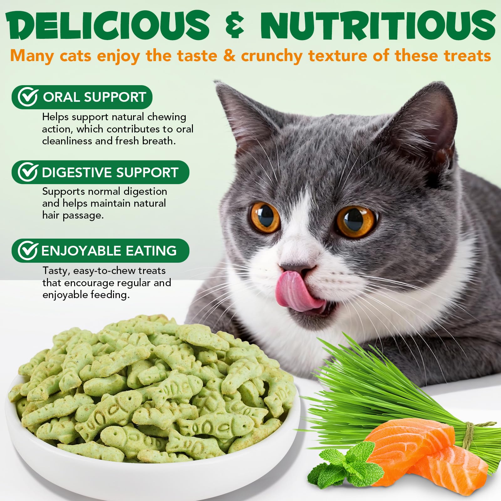 Golosinas de Hierba para Gatos 180g, Golosinas con Catnip para Gatos - Snacks para Ayuda con las Bolas de Pelo y Cuidado Dental, Fibra Natural para la Digestión, Textura Crujiente para Limpieza Dental