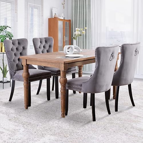 Miniatura 116 de Juego de 6 sillas de comedor de terciopelo, sillas de comedor tapizadas acolchadas con ribete de tachuelas y patas de madera maciza para cocina,