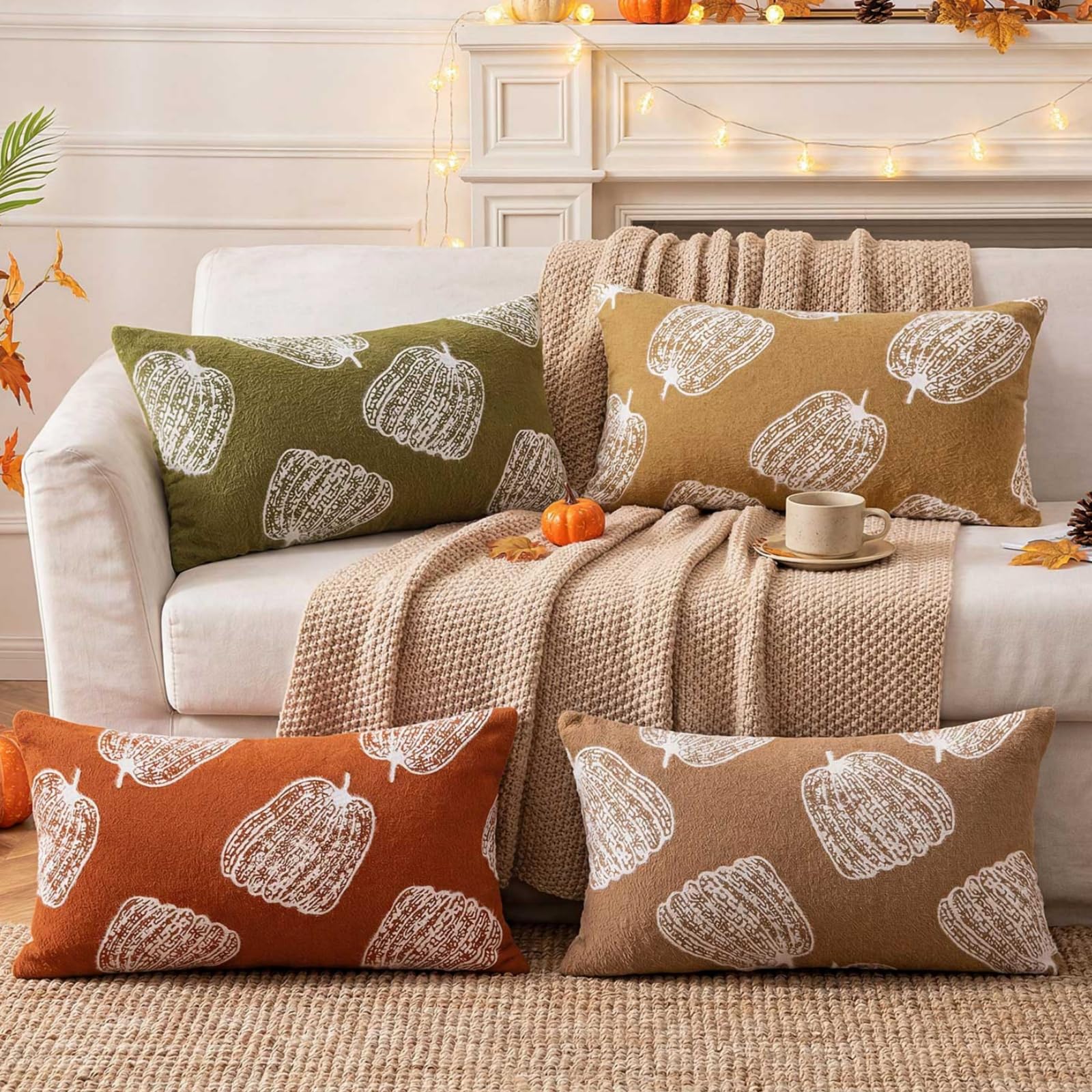 Benjia Autumn 16x24 Cushion Covers Set of 4, Lumbar Cushion Case Fall Pumpkin Throw Pillow Cases Faux Mink Velvet 40 x 60 cm Decorative Throw Pillow Covers for Autumn Couch Bed Sofa Decor (4 Colors)