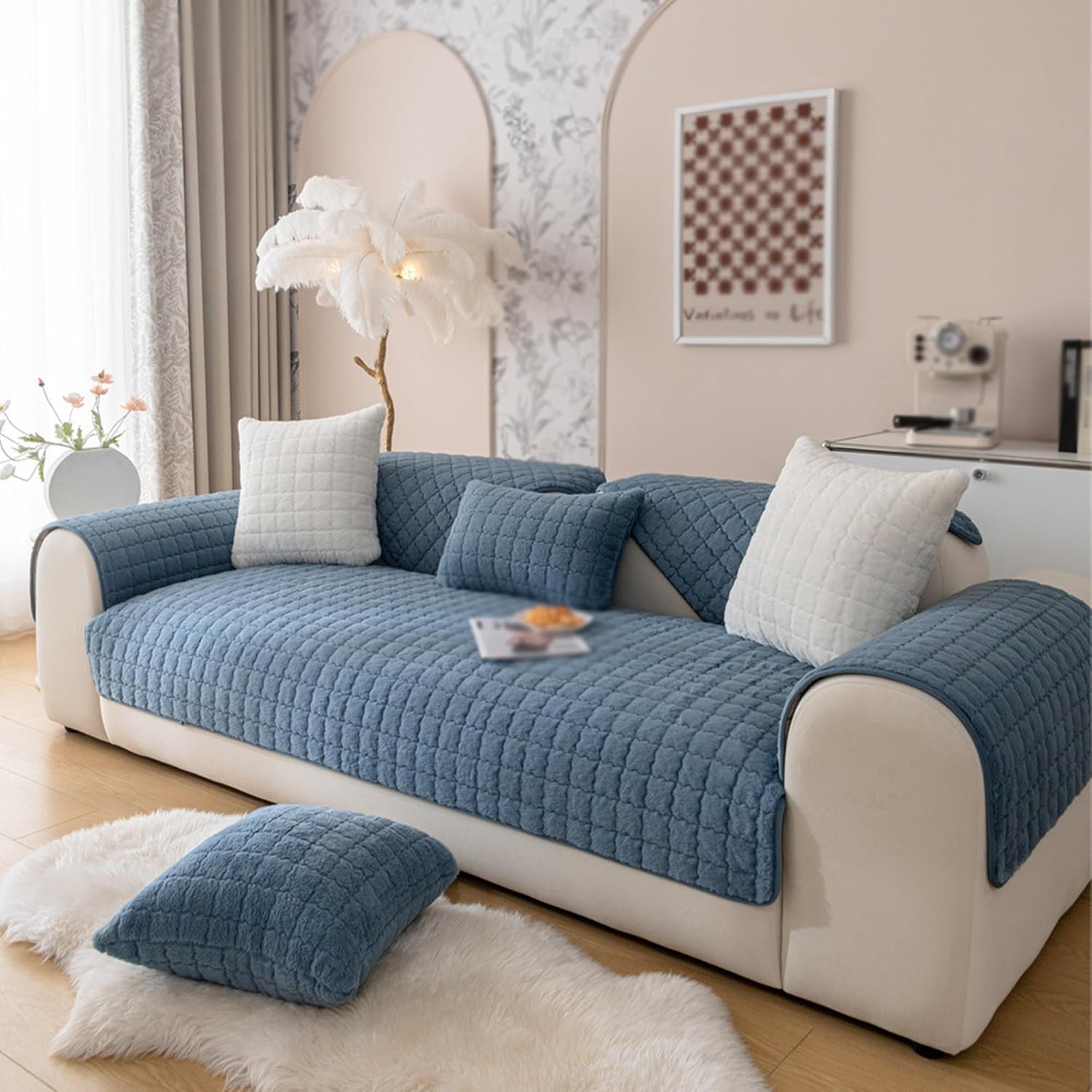 Super Soft Plush Non-Slip Sofa Cushion Covers,Non-Slip Sofa Cushion Covers,Fluffy Couch Cushion Covers,Faux Shaggy Sofa Slipcover,Solid Color Fluffy Couch Cushion Covers Washable. ( Color : Blue , Siz