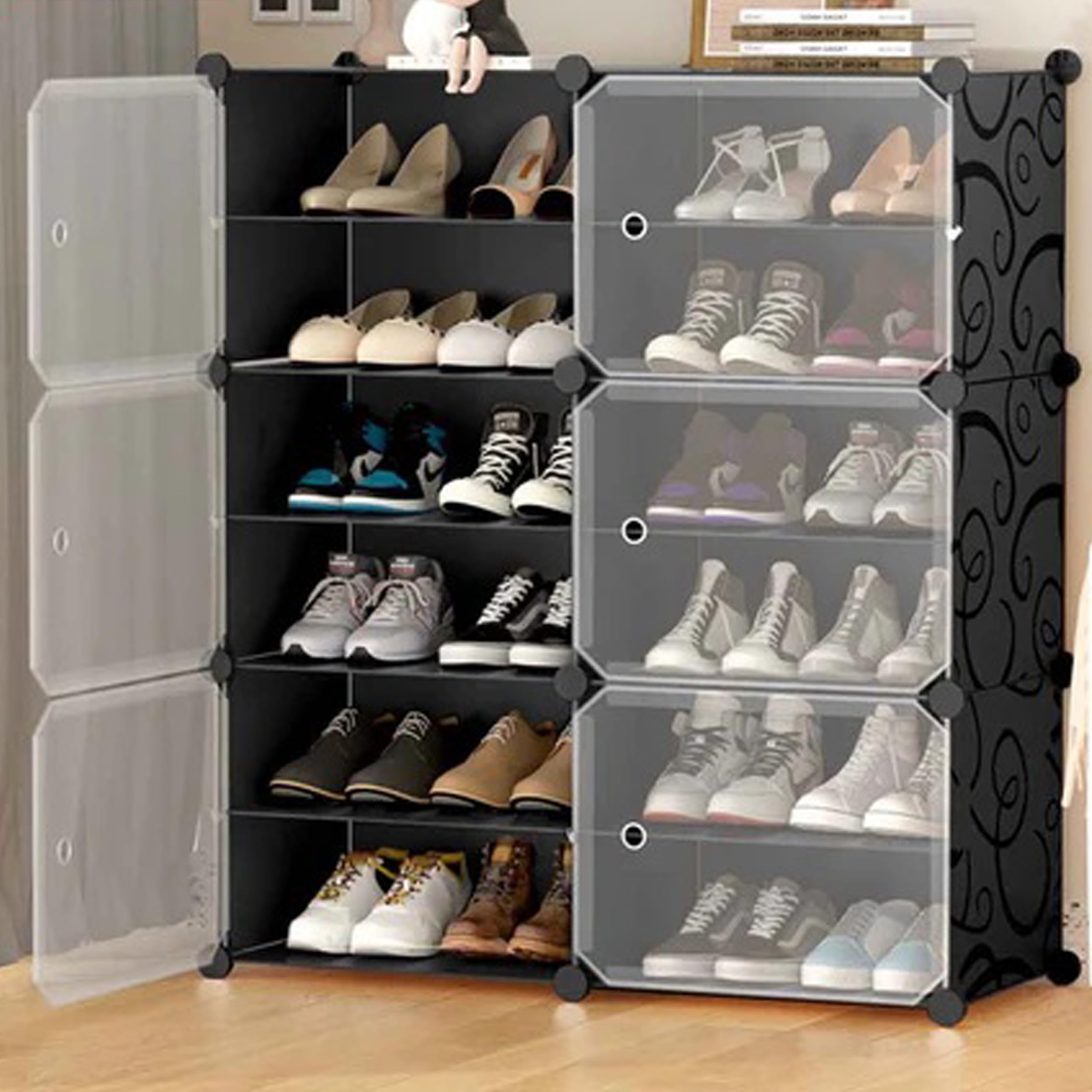 Zemic 𝟏𝟐 𝐒𝐡𝐞𝐥𝐟 Plastic Shoe Rack for Home with 𝟔 𝐃𝐨𝐨𝐫 | Foldable Modular Storage Rack | Dustproof Waterproof Shoe Organizer | Space Saving Footwear Stand for Home, Bedroom, Entryway【BLACK】-image-21