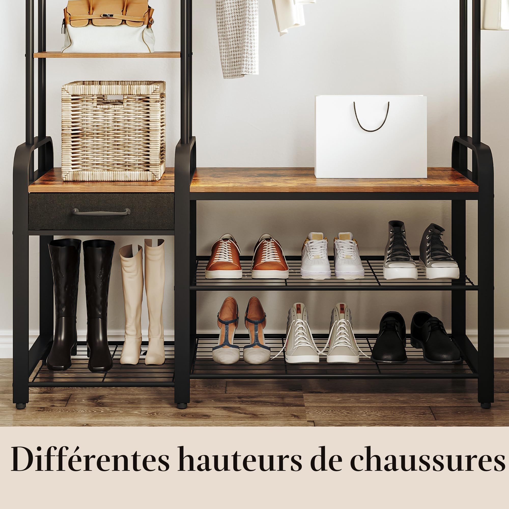 Hzuaneri Porte-manteau avec Étagère à Chaussures, Marron et Noir | Meuble d'Entrée avec Banc, 120 x 40 x182 cm, 17 Crochets, 4 Étagères de Rangement, 1 Tige de Suspension, pour Entrée HT03501B