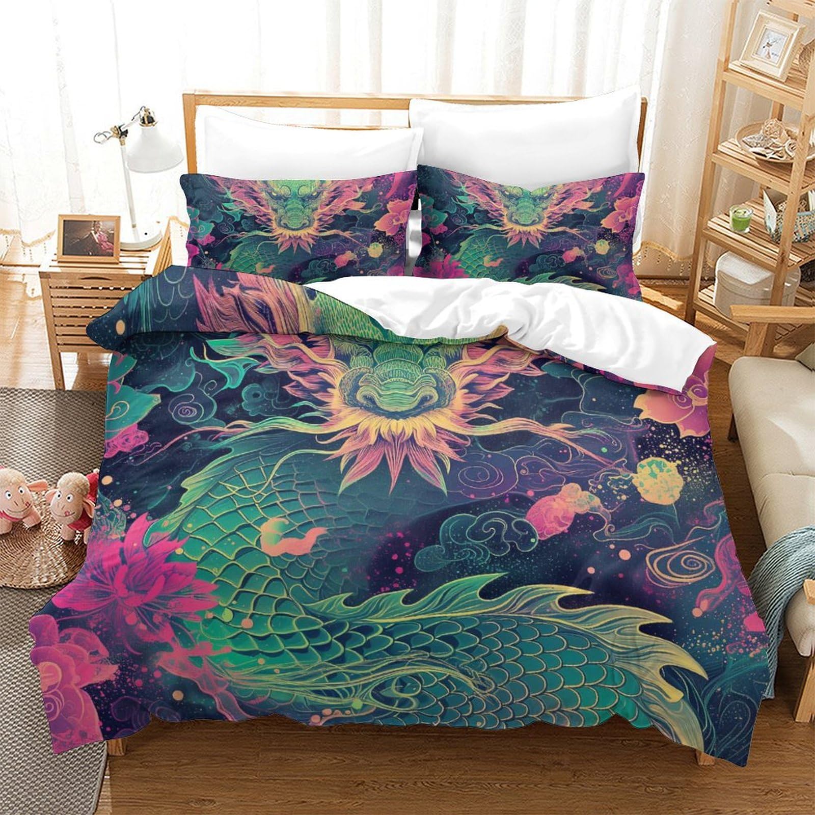 Housse de couette dragon 3D Super King 260x220cm en microfibre douce avec 2 taies