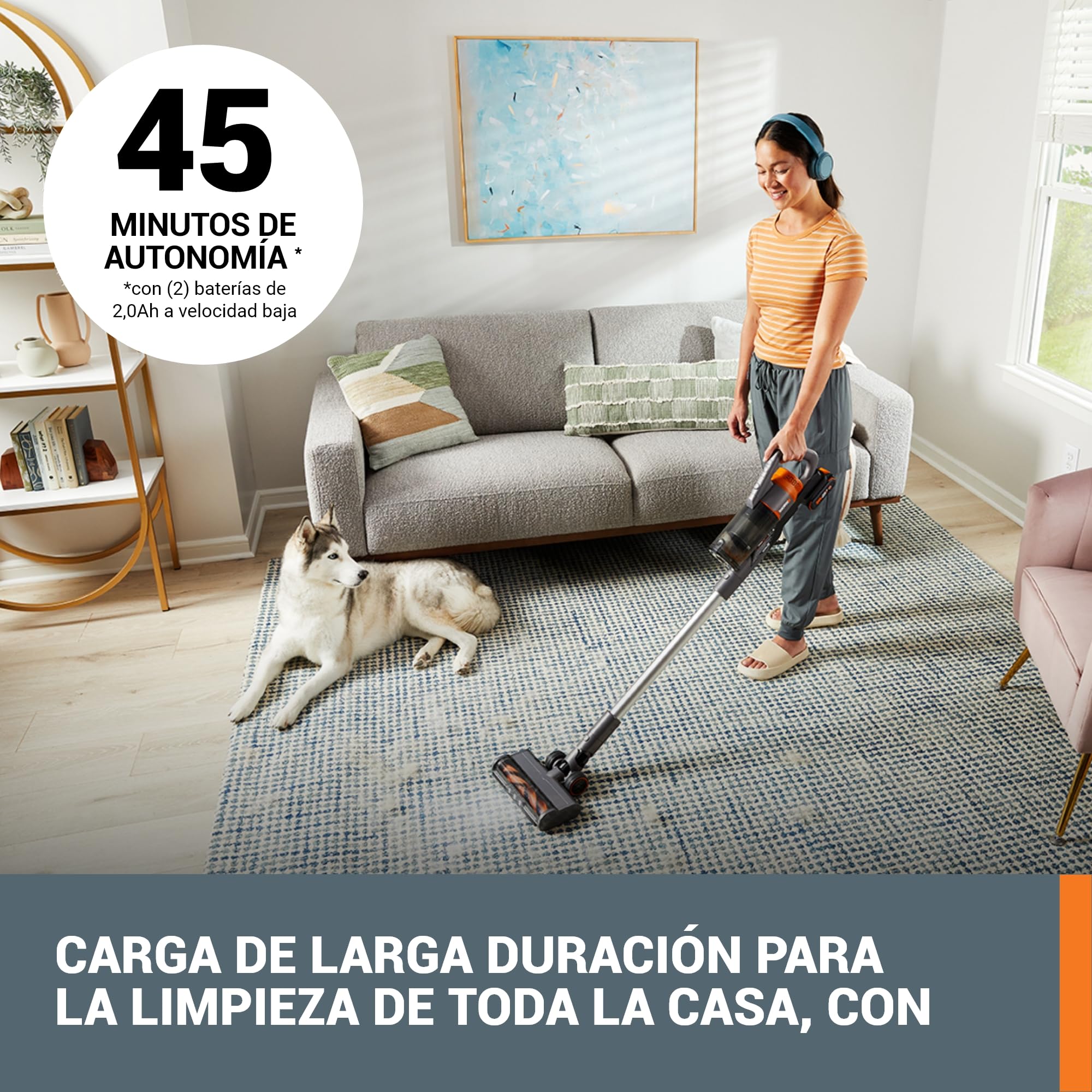 WORX Aspirador Escoba sin Cable 20V WX038, Potente 25Kpa, hasta 45 min de Autonomía, para Pelos de Mascotas, Suelos, Alfombras, Coches - 2 Baterías PowerShare y Cargador Dual de Pared incluidos