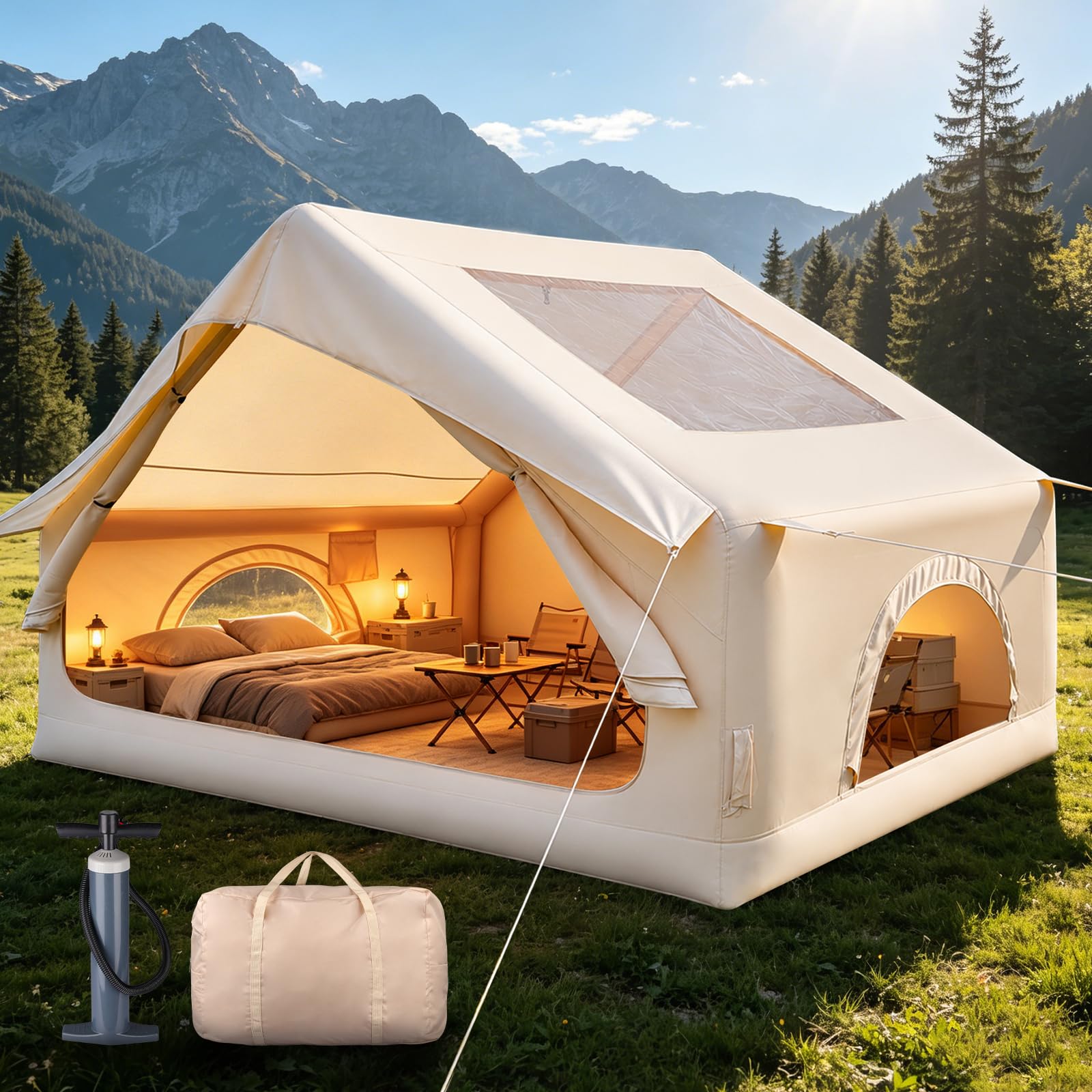 Aufblasbares Campingzelt, 300×210×200cm für 3-4 Personen, wasserdichtes 210D Oxford Gewebe, UV-Schutz, Handpumpe Heringe, Schnellaufbau in 3-5 Minuten, für Familiencamping, Outdoor Abenteuer