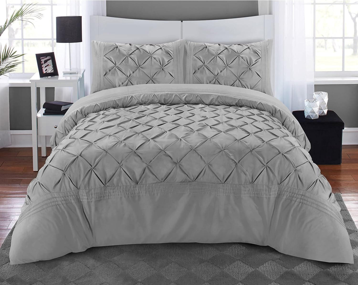 Pintuck Grey Duvet Cover Set 3 Pieces Pinch Pleat Microfiber Silver