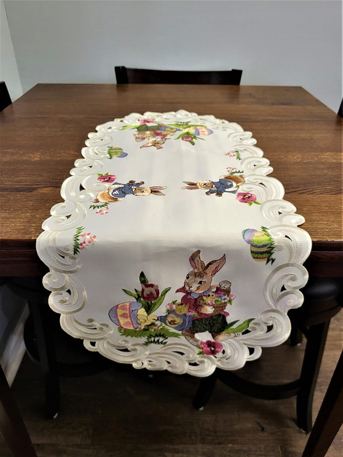 Easter Table Runner with Easter Bunny and Eggs on Ivory Material Size 34 x 15 inches