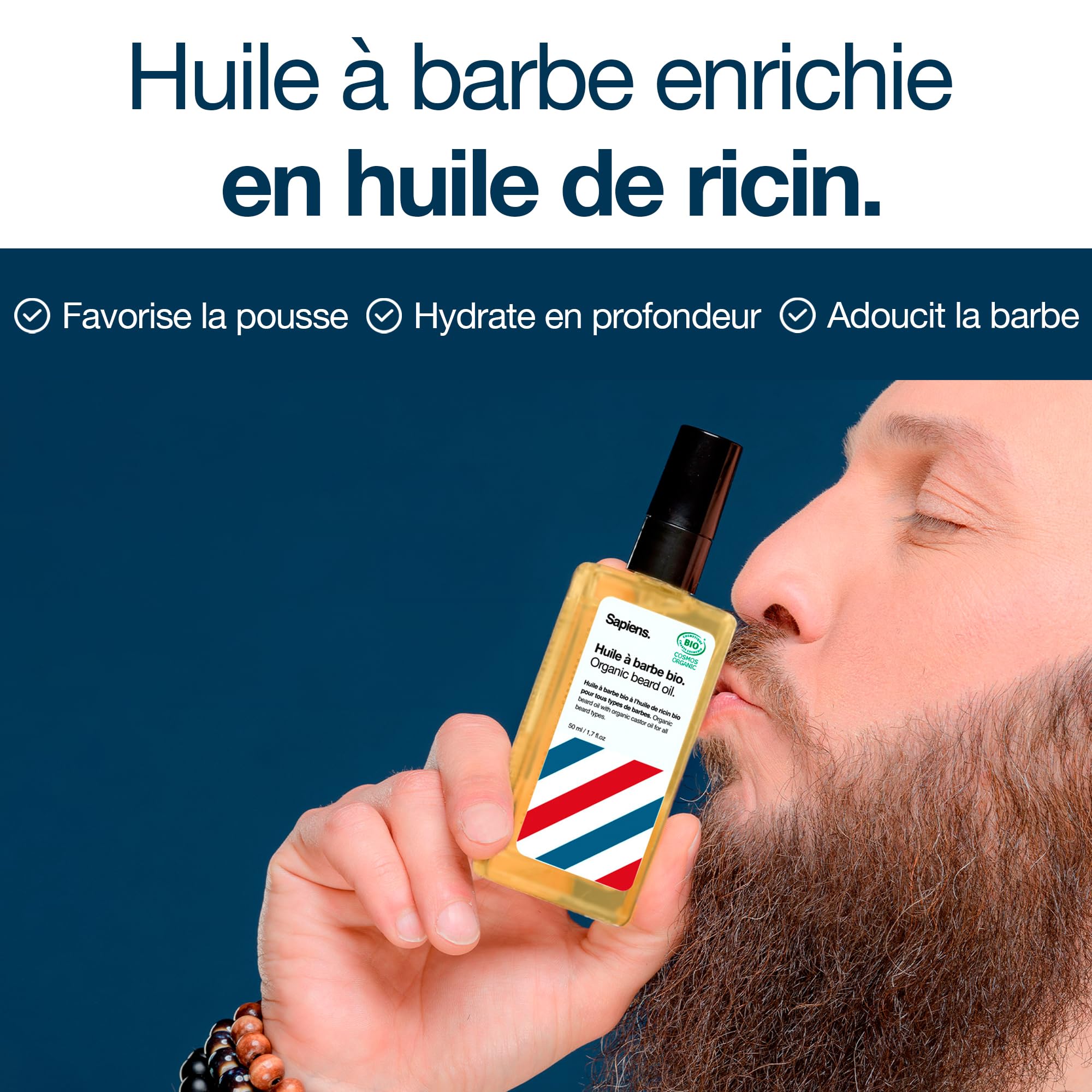 Sapiens Trio de Soin Barbe Homme - Huile Barbe Bio + Baume Barbe Bio + Brosse en Poils de Sanglier - Essentiels de Soins pour Barbe - Fabriqué en France