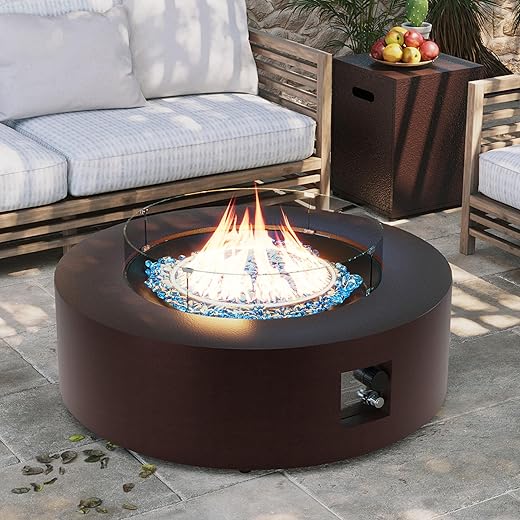 UPHA 42 Inch Outdoor Propane Fire Pit Table, 50,000 BTU Iron Round Gas Fire Pits for Outside, Auto-Ignition Fire Table with Wind Guard, Rain Cover, Lid, Dark Grey