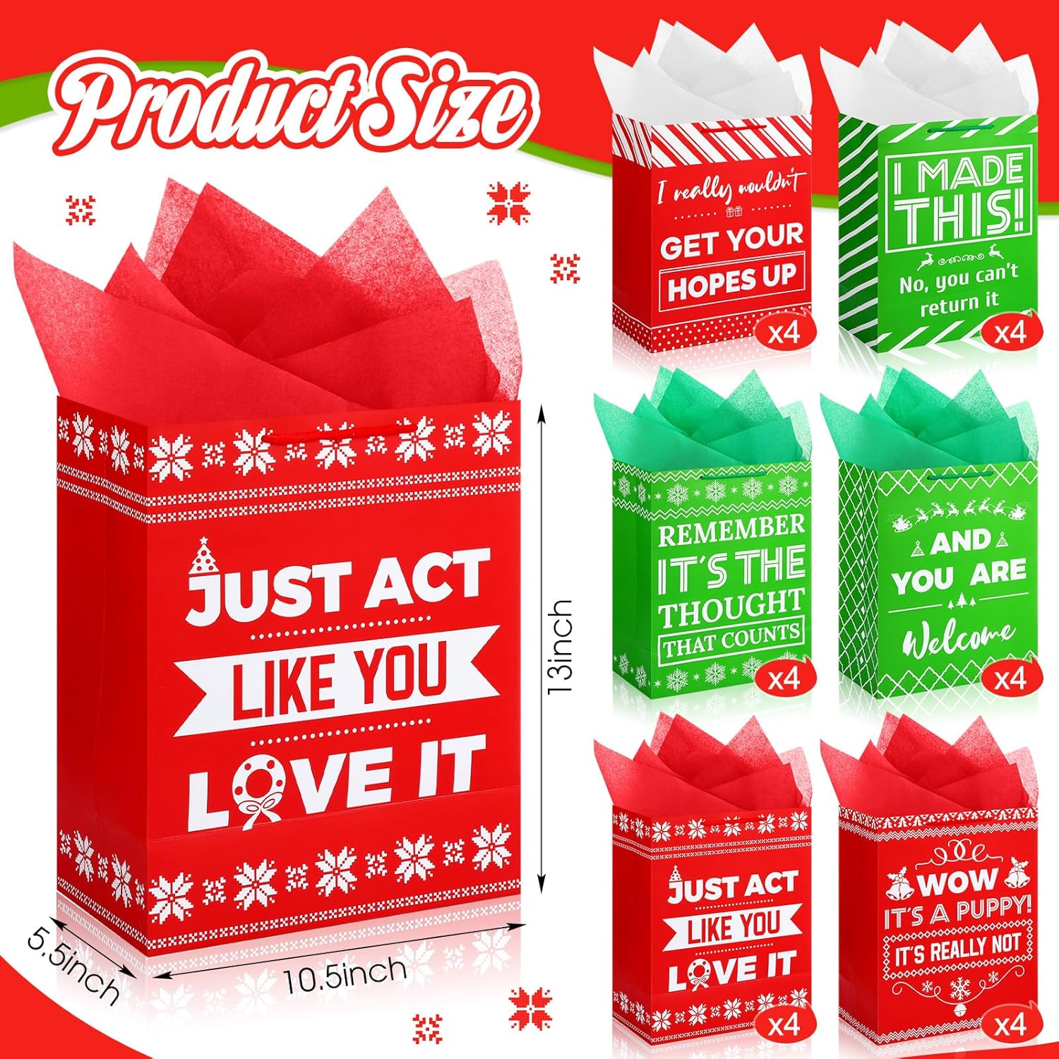 Qilery 24 Pack 13'' Large Funny Christmas Bags with Tissue Paper Xmas Gift Bags for Adults Christmas Wrapping Paper Funny Birthday Gift Bags with Handles for Xmas Party Present