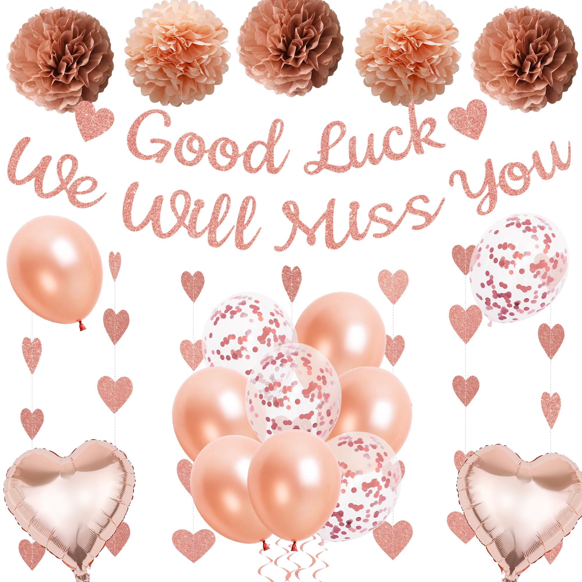 We Will Miss You Banner Decorations - Rose Gold Sorry Your Leaving Party Supplies Garland Good Luck Banners, Paper Pom Poms Balloons for Retirement Going Away Themed Party