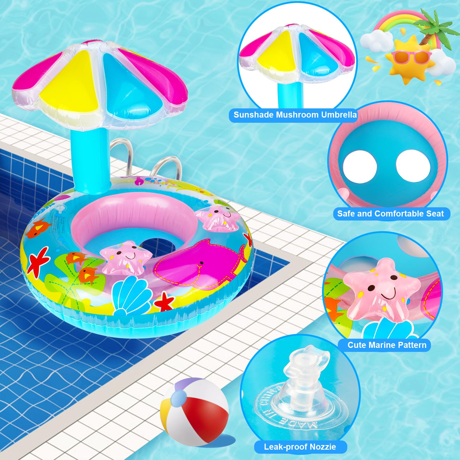 Blue Marine Animals Baby Swimming Ring, Inflatable Swimming Float PVC Safety Aid Seat Circle Swim Float Boat with Mushroom Sun Canopy Inflator for Age 6 Months to 3 Years Toddler Floating Training - Image 3