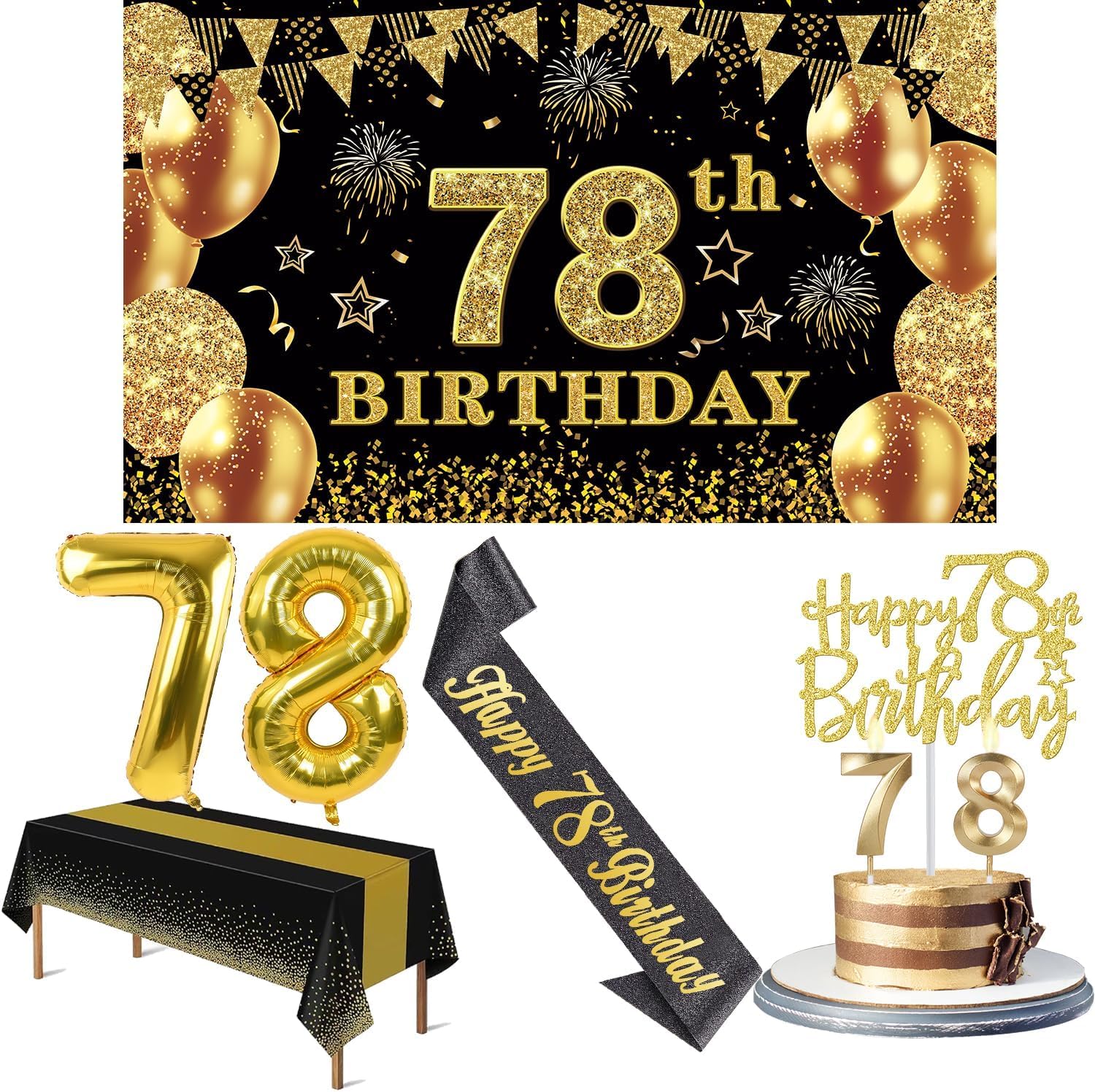78th Birthday Decorations Men Women with 78th Birthday Banner, Black and Gold Table Cloth, Number Balloons, Black Glitter Sash, Cake Topper and Candles