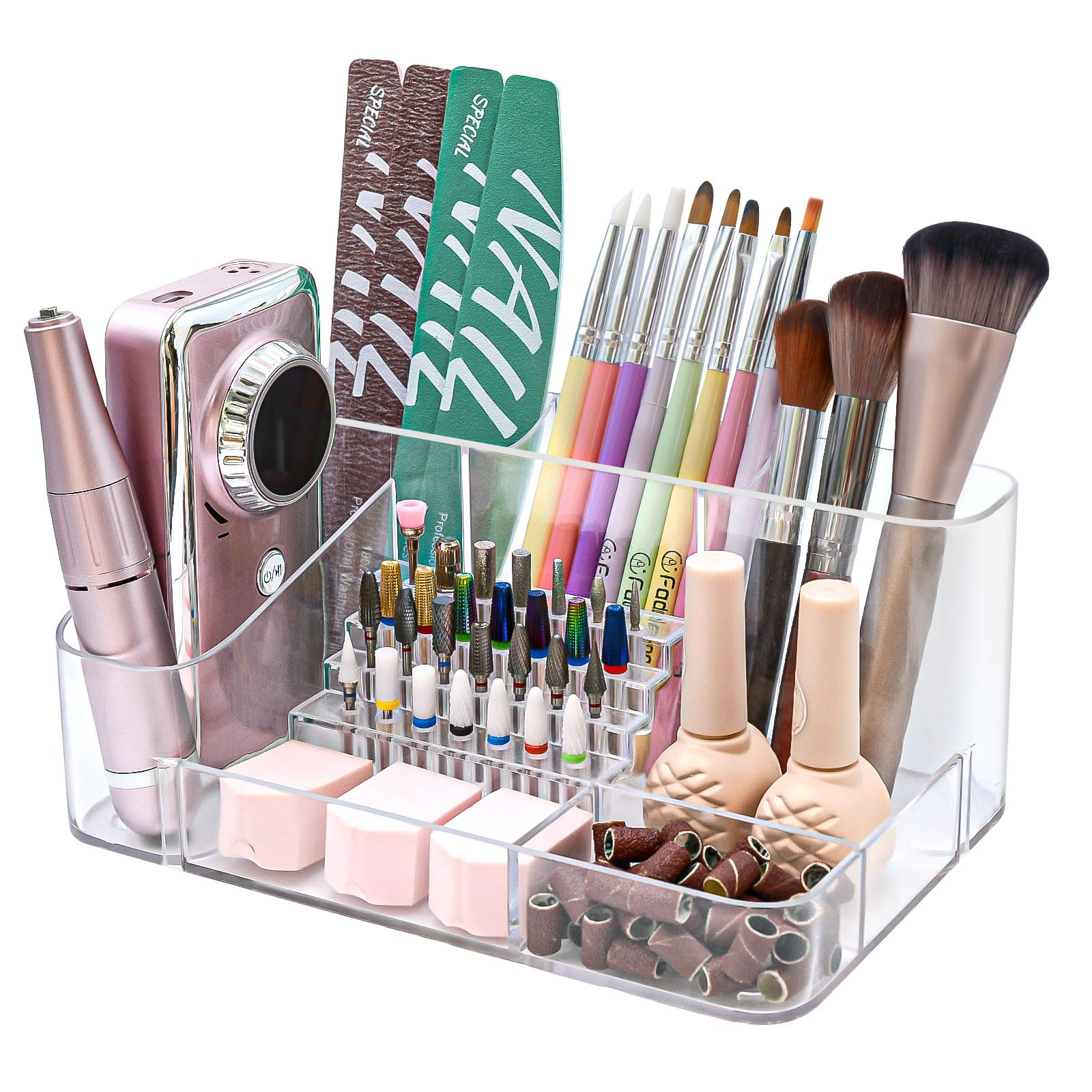 ANRUI Boîte de Rangement pour Forets à Ongles, 28 Trous Acrylique Support Embout Ponceuse Ongles, 7 Compartiments Organisateur Présentoir pour Outils de Manucure, Transparent