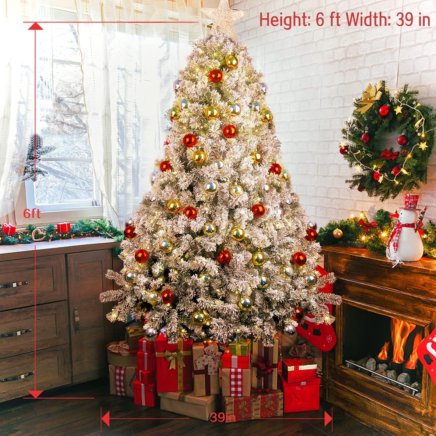 6ft Flocked Christmas Tree Prelit, White Christmas Tree with 350 LEDs Lights and Decorations, Decorated Artificial Snow Xmas Tree with Lifelike Branch for Holiday Decoration