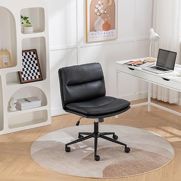 Adjustable Swivel Criss Cross Chair with Wheels, Wide Seat Office Chair with PU Leather, Computer Desk Chair with Ergonomic Support, Modern Vanity Chair for Home & Workspace,Black